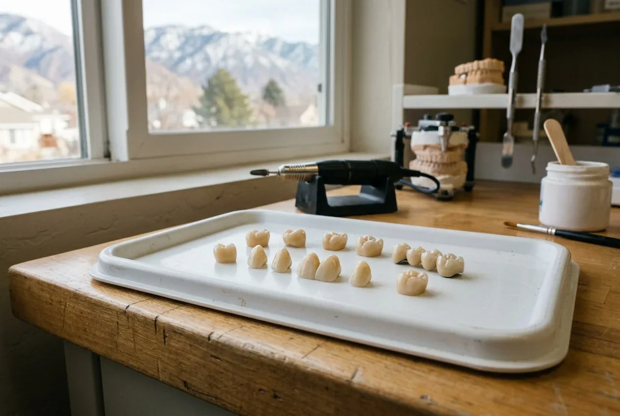 Porcelain dental crowns and bridges set on a white tray in a dental lab.