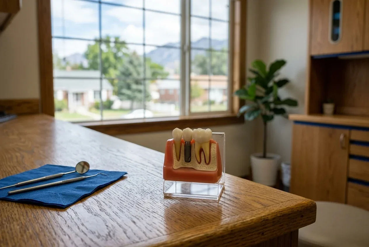 A dental implant model and dental tools on a wooden counter next to a window.